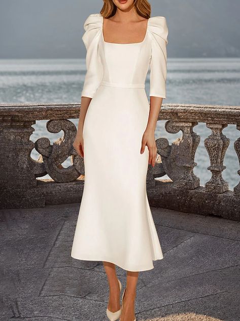 Reception Vintage 1940s / 1950s Simple Wedding Dresses Wedding Dresses A-Line V Neck 3/4 Length Sleeve Tea Length Satin Bridal Gowns With Solid Color 2024 2024 - $119.99 December Wedding Dresses, White Dress Fall, Satin Bridal Gowns, Wedding Dresses A Line, Vintage Bridal Shower, Simple Wedding Dresses, Cheap Wedding Dresses Online, Mother Wedding Dress, Fall Wedding Dresses