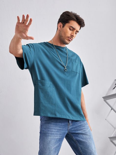 Teal Blue Casual  Short Sleeve Cotton Plain  Embellished Slight Stretch Summer Men Tops Blue Tee Outfit Men, Turquoise Tshirt, Drop Shoulder Tee, Theatre Design, Men Tops, Tshirt Outfits, Blue Shirt, Amazing Products, Teal Blue