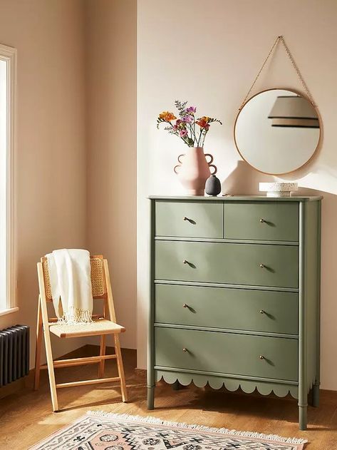 Sage Green Chest Of Drawers, Refinish Dresser, Green Chest Of Drawers, Dresser Inspiration, Green Bedroom Furniture, Chest Of Drawers Makeover, Green Dresser, Chest Of Drawers Bedroom, Bedside Table Drawers