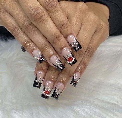 Black French Tip Nails With Red Gems, Cross Nails Acrylic, Short Y2k Nails, Y2k Nails Short, Acrylic Nail Designs Coffin, Drip Nails, Colored Acrylic Nails, Work Nails, Y2k Nails