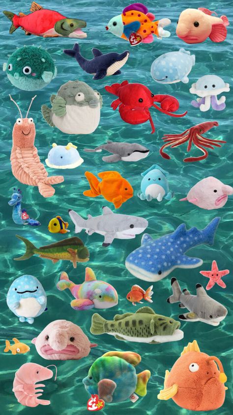 #fish #plush #fishplush #squishmallow Ocean Accessories, Fish Plush, Funky Wallpaper, Arte Indie, Kid Core, Cute Paintings, Ocean Wallpaper, Cute Stuffed Animals, Marine Animals