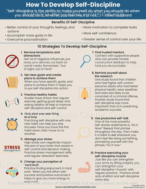 Self-discipline involves being in control of one's feelings and thoughts, not just actions. This handout shows how to develop self-discipline using practical strategies like removing temptations, practicing stress management, and finding enjoyment in hard work! Download the handout from our website. #SelfDiscipline #GoalSetting #SelfConfidence #SelfTalk Tips To Be Disciplined, How To Disiplin Yourself, Developing Self Discipline, How To Be Self Disciplined, How To Build Discipline, How To Become Disciplined, How To Become More Confident, How To Be Disciplined In Life, Self Control Tips