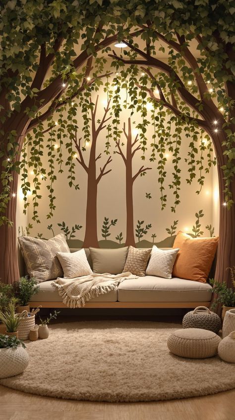 Boho Playroom Ideas How To Build A Reading Nook, Reading Tree Corner, Tree In Playroom, Forest Themed Interior Design, Witchy Playroom, Fairy Reading Corner, Where The Wild Things Are Playroom, Woodland Reading Nook, Woodland Theme Decor