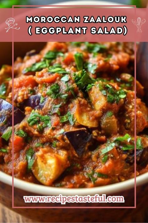 A flavorful Moroccan eggplant salad that combines roasted eggplant, fresh tomatoes, and aromatic spices, perfect as a dip or side dish. Zaalouk Recipe, Moroccan Side Dishes, Moroccan Eggplant, Farro Bowl, Salad Mediterranean, Eggplant Salad, Roasted Eggplant, Moroccan Food, Quick Weeknight Meals