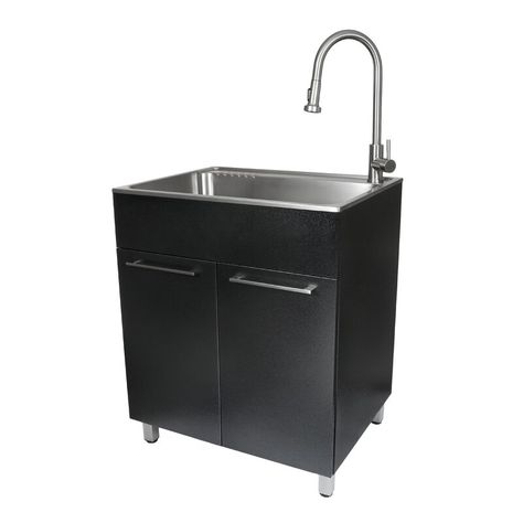 Presenza All-In-One 28 In. X 22 In. 34 In. Utility Sink And Cabinet With Faucet In Black | Wayfair Store Cleaning Supplies, Stainless Steel Utility Sink, Domestic Cleaning, Utility Cabinets, Cleaning Supplies Organization, Garage Style, Laundry Cabinets, Drop In Sink, Stainless Steel Cabinets