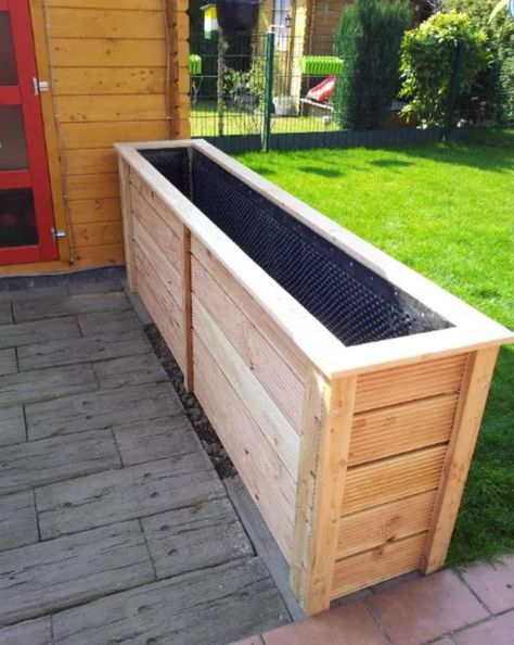 Wooden Garden Planters Ideas, Planter Boxes Front Of House, Privacy Planter Boxes, Wooden Pots For Plants, Deck Flower Boxes, Large Patio Planters, Planter Fence, Long Planter Boxes, Garden Ornaments Diy