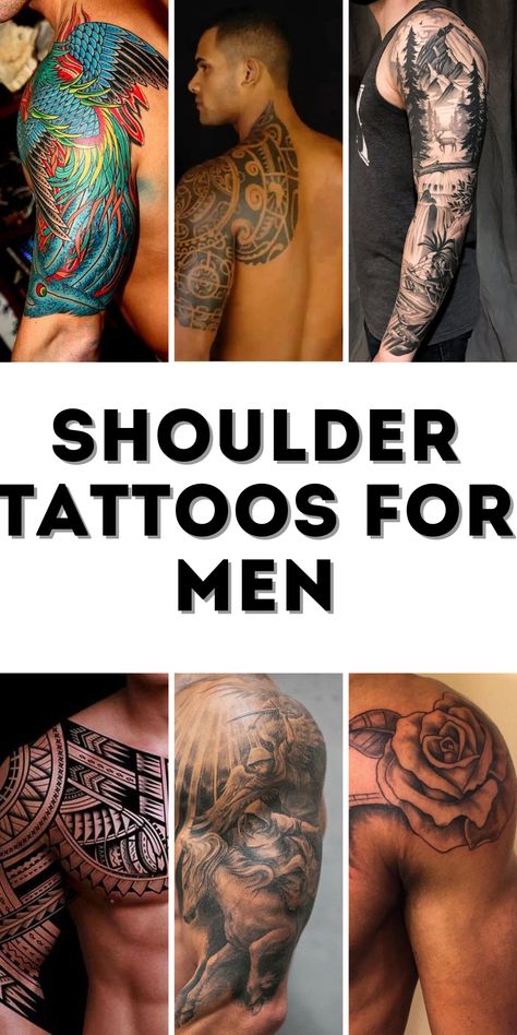 Shoulder Tattoos for Men: A Canvas of Strength and Style Shoulder Trap Tattoos For Men, Men’s Shoulder Tattoo Ideas, Shoulder Tattoo Ideas For Men, Upper Shoulder Tattoo, Shoulder Tattoos For Men, Top Of Shoulder Tattoo, Tattoo For Mom, Memorial Tattoo Designs, Front Shoulder Tattoos