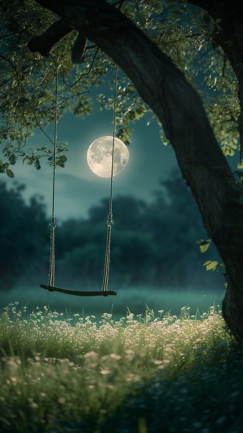 Moonlit Swing Solitude - Download Free Photo Now - StockCake Peaceful Wallpapers, Swing Aesthetic, Forest Moon, Moonlight Photography, Mystical Moon, Beauty Technology, Moon Silhouette, Single Tree, Tree Swing