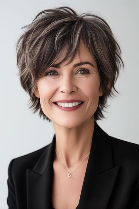 Short Coarse Hairstyles, Pixie Haircut For Round Faces Thick Hair, Women’s Layered Short Hairstyles, Mid To Short Haircuts, Hair Styles For Thinning Hair Over 60, Short Wavy Shag With Bangs, Hairstyles For Short Thick Hair Ideas, Short Shag Hairstyles For Fine Hair, Wash And Wear Haircuts Fine Hair