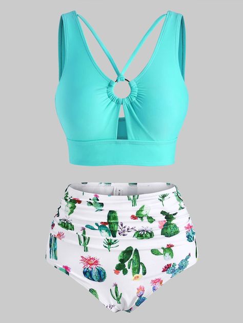 Frida Decor, Cheap Bathing Suits, Strappy Swimwear, Vacation Swimsuit, Swimming Outfits, Swimwear Ad, Ruched Tankini, Tankini Swimwear, High Waisted Tankini