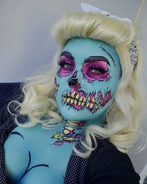 41 Unique Halloween Makeup Ideas from Instagram | StayGlam Pop Art Costume, Unique Halloween Makeup, Pop Art Zombie, Zombie Pin Up, Halloween Make-up Looks, Make Up Designs, Zombie Face, Pop Art Makeup, Sugar Skull Halloween