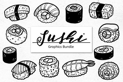 Sushi Line Art Bundle by voidea Sushi Line Art, Sushi Drawing, Menu Illustration, Sushi Menu, Japanese Wallpaper Iphone, Sushi Design, Graph Paper Drawings, Japanese Poster Design, Food Sketch