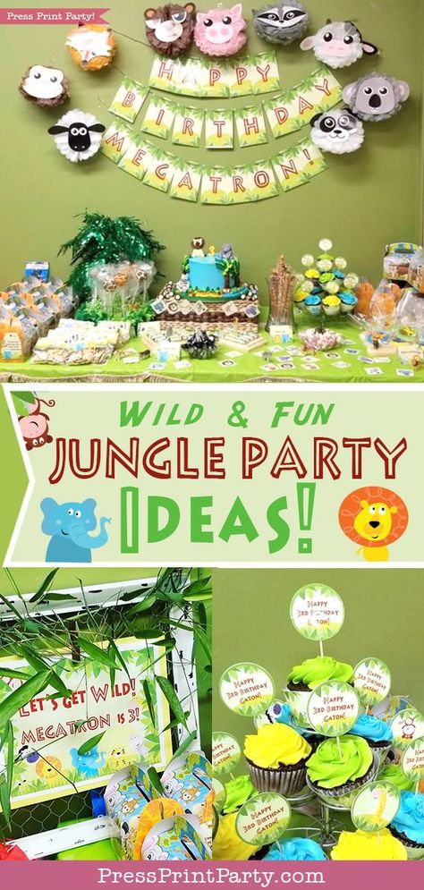 JUNGLE PARTY! Wild and Fun Jungle Party Ideas. Lots of ideas for your next safari or jungle birthday celebration. Get ideas on party decorations, food, favors, cake, cupcakes, snacks, treats, and centerpieces. All DIY with printables. #jungleparty Jungle Party Ideas, Baby Shower Centerpieces For Boys, Food Favors, Jungle Theme Birthday Party, Jungle Theme Parties, Creative Party Ideas, Jungle Theme Birthday, Jungle Birthday Party, Wild Jungle