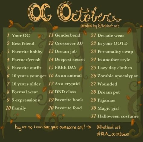 Oc Drawing Prompts, 30 Day Art Challenge, Posting On Instagram, Art Journal Challenge, Prompt List, October Art, Art Style Challenge, Oc Challenge, Art Journal Prompts