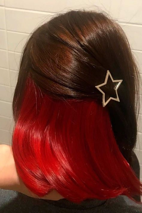 Red Hair Color Peekaboo, Red Pick A Boo Hair, Red Peekaboo Brown Hair, Under Dyed Hair Red And Brown, Half Hair Dyed Underneath Red, Under Hair Dye Red And Brown, Half Brown Half Red Hair Underneath, Half Red Half Dark Brown Hair, Peekaboo Hair Color Red And Brown