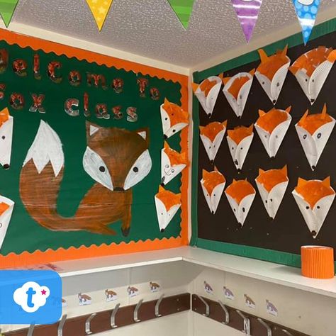 Fox Classroom Display Fox Bulletin Board Ideas, Fox Craft Preschool, Leave Fox Craft, Fox Classroom Theme, Fox Theme Classroom Decor, Fox Classroom Decor, Woodland Friends Classroom, Fox Corner Bookmark, Paper Fox