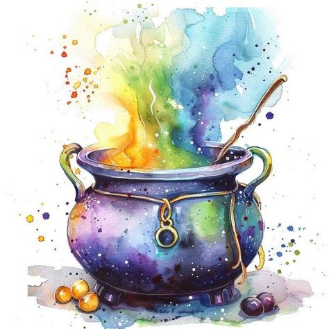 A whimsical witch's hat surrounded by friendly ghosts clip art for magical Halloween themes. Cauldron Watercolor, Girly Witch, Cauldron Clipart, Gouache Inspiration, Witch Illustration, Witches House, Magical Halloween, Witch Drawing, Halloween Watercolor