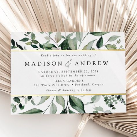 $3.95 | Abundant Greenery Wedding Gold #wedding #modernbotanical #greenery #eucalyptus #watercolorleaves #greenandwhitewedding #watercolorfoliage #elegant #emeraldgreen #greeneryandgoldfoilwedding Invitations Aesthetic, Modern Greenery Wedding, Cream Wedding Invitations, Popular Wedding Invitations, Modern Greenery, Wedding Announcement Cards, Gold Foil Wedding Invitations, Gold Foil Invitation, Emerald Green Weddings