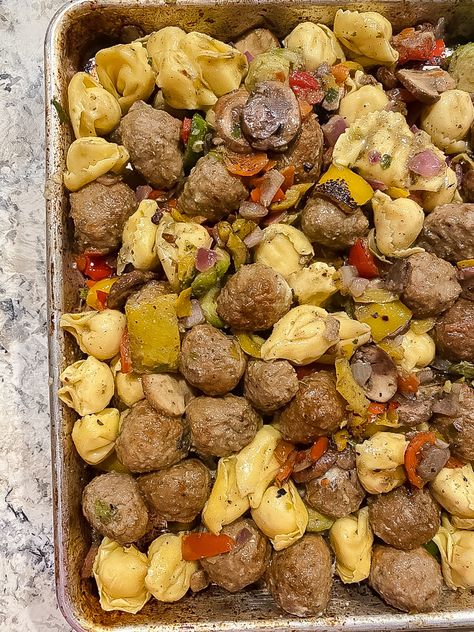 Italian Meatball and Tortellini Sheet Pan Dinner Meatball Sheet Pan, Sheet Pan Pesto Tortellini, Sheet Pan Meatballs, Sheet Pan Tortellini And Sausage, Meatballs And Tortellini, Sheet Pan Tortellini, Meatball Tortellini, Tortellini Sheet Pan Dinner, Meatball Sheet Pan Dinner