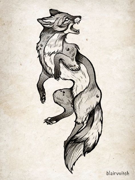 Full Body Fox Tattoo, Creepy Animals Drawings, Spirit Fox Tattoo, Blackwork Fox Tattoo, Gothic Fox Tattoo, Fox And Bunny Tattoo, Fox Running Tattoo, Gothic Animal Tattoo, Tattoo Fox Design