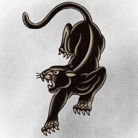 Classic Panther Tattoo, Crawling Panther Tattoo Flash, American Traditional Black Panther, American Trad Panther, Traditional Tattoos Panther, Trad Panther Tattoo, Traditional Black Panther Tattoo, Old School Panther Tattoo, Old School Japanese Tattoo