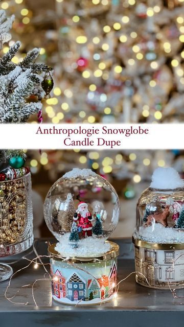 Snowglobe Tumbler Solution, Snowglobe Glass Can, Mason Jar Snow Globe Topper, Snow Globe Candle, Candle Jar Snow Globe, Christmas Candles Diy, Snow Globe Crafts, Anthropologie Christmas, Anthropologie Candle