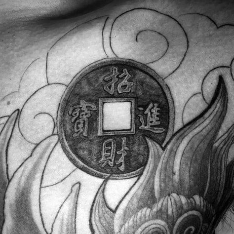 Distinctive Coin Tattoos For Men Coin Tattoo Design, Chinese Coin Tattoo, Stencil Tattoo Ideas, Stencil Tattoo Ideas Men, Coins Tattoo, Coin Tattoo, Tattoo Ideas Men, Gem Tattoo, Currency Design