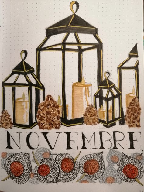 Page de novembre dans mon bullet journal autour des lanternes et de l'automne avec des pommes de pins et cages d'amour Bullet Journal Novembre, Boulet Journal, Bulletin Journal, Dot Journals, Daily Journal, Reading Journal, Journal Pages, Journal Ideas, Hand Lettering