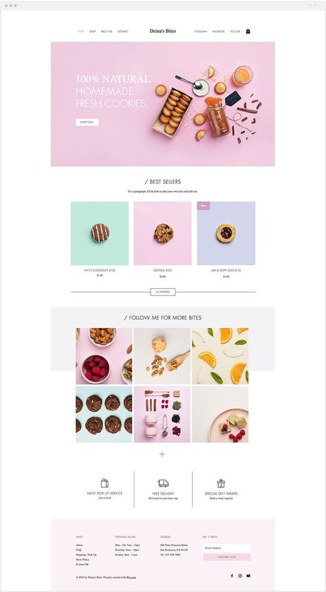 Homemade Cookie Store Website Template. Website Design Inspiration for Elizabeth Ellery #websitedesign #website #design #womeninbiz #womeninbusiness #websitedesigner #branding #personalbranding #elizabethellery Cookies Website Design, Cake Website Design, Candy Website, Cookie Website, Cake Website, Cafe Website Design, Cookie Store, Website Layout Template, Template Website Design