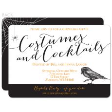 Costumes and Cocktails Halloween Invitation with raven and spiderwebs Adult Superhero Party, Cocktails Invitation, Costumes And Cocktails, Spooky Party, Bday Invitations, Bad Witch, Halloween Invitation, The Worst Witch, Trick Or Treat Bags