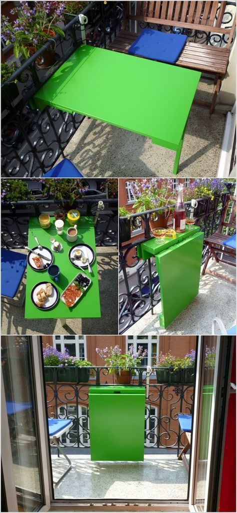 table de balcon rabattable repeinte en vert néon à faire soi-même Small Furniture Ideas, Balcon Mic, Balkon Decor, Diy Balcony, Tiny Balcony, Balcony Bar, Balcony Grill, Tiny Furniture, Balcony Furniture