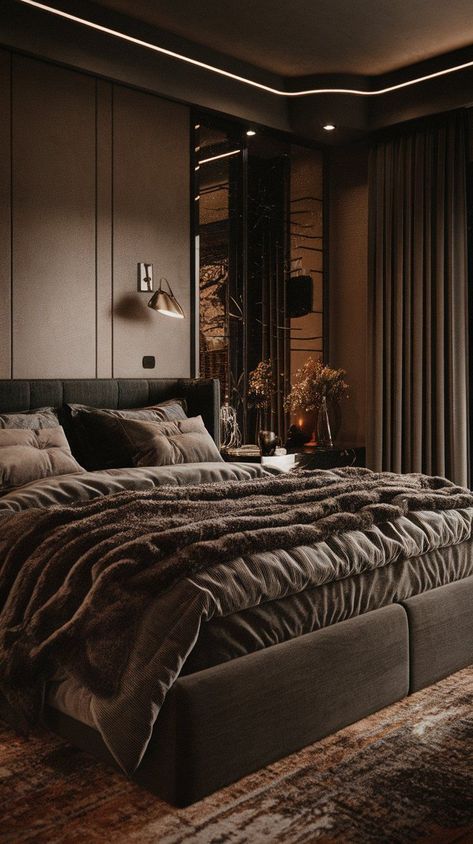 Learn how to merge modern design with natural charm using dark earthy bedroom ideas that highlight deep colors, raw materials, and stylish decor. Master Bedrooms Dark Academia, Dark Brown And Black Bedroom Ideas, Chocolate Brown Bedroom Walls, Expensive Bedroom Aesthetic, Cozy Dark Room Aesthetic, Moody Modern Rustic Home, Black And Brown Room Aesthetic, Dark Modern Industrial, Dark Interior Bedroom