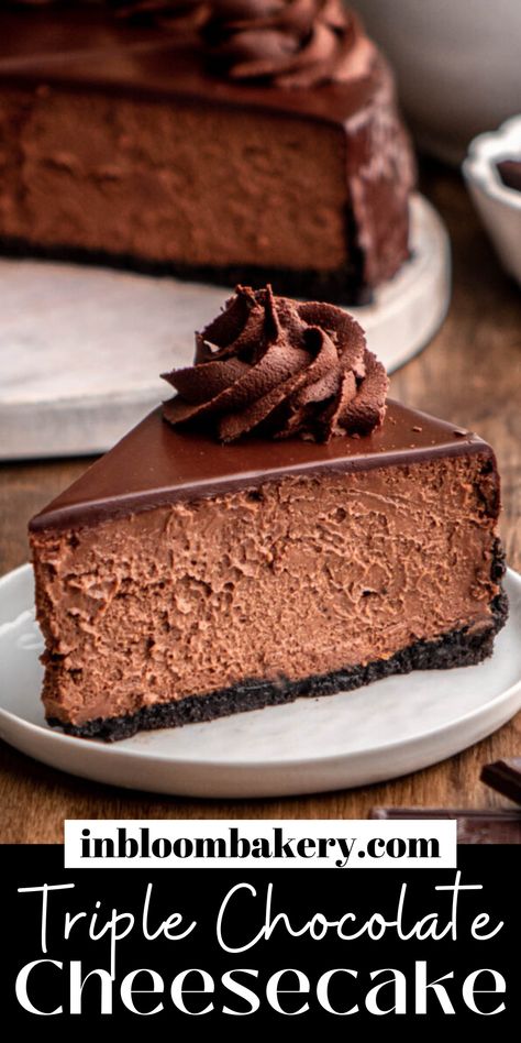 This is the best triple chocolate cheesecake recipe! It's a simple recipe for creamy, chocolate cheesecake with an Oreo cookie crust, topped with chocolate ganache. Cheesecake Factory Tuxedo Cheesecake, Chocolate Tuxedo Cheesecake, Triple Chocolate Cheesecake Recipe, 6 Inch Chocolate Cheesecake Recipe, Mocha Cheesecake Recipe, Chocake Cake Recipes, Chocolate Cheesecake Recipe Easy, Fall Cheesecakes, Dark Chocolate Cheesecake Recipes