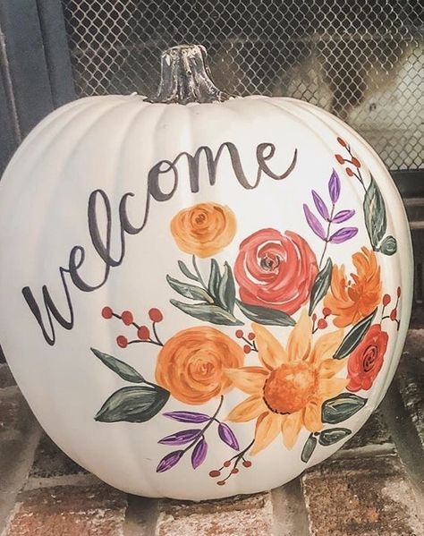 Pumpkin Painting Ideas Flowers Easy, Scary Pumkins Ideas Painted, Painted Pumpkins For Thanksgiving, Pumpkin Painting Ideas Floral, Mushroom Painted Pumpkin, Painted Pumpkins Thanksgiving, Long Pumpkin Painting Ideas, Fall Painted Pumpkins Ideas, Flower Painted Pumpkins