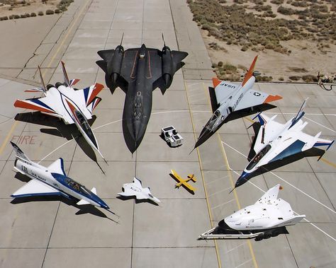 NASA's Research Aircraft Fleet on ramp at Dryden Flight Research Center: Rockwell-Messerschmitt-Bölkow-Blohm X-31 Enhanced Fighter Maneuverability fighter.  McDonnell Douglas F-15 STOL/MTD (Short Takeoff and Landing/Maneuver Technology Demonstrator).  Lockheed SR-71 Blackbird.  Convair F-106 Delta Dart.  General Dynamics F-16XL.  X-38 Crew Return Vehicle (CRV).  McDonnell Douglas X-36 Tailless Fighter Agility Research Aircraft.  A radio controlled toy! National Aviation Day, Lockheed Sr-71 Blackbird, Airplane Collection, Lockheed Sr 71, Sr 71 Blackbird, Sr 71, Experimental Aircraft, Airbus A320, Military Jets