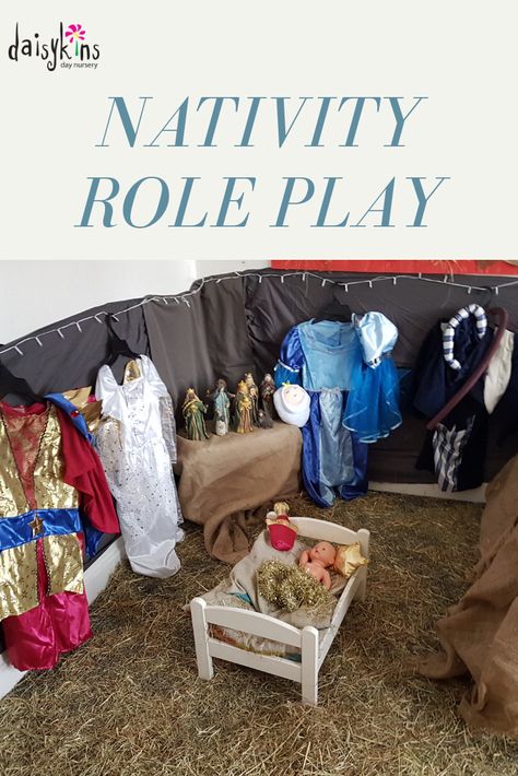 Create a Nativity role play area for the children to play in and dress up in the costumes and re-enact the Nativity Story. Nativity Dramatic Play Preschool, Nativity Dramatic Play, Role Play Areas Eyfs, Christmas Reception, Dress Up Stations, Play Preschool, December Ideas, The True Meaning Of Christmas, Story Props