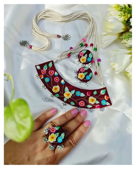 Meraki 🌼 New launch 🌼 Week 3 🧿 This beauty is a Head turner itself 👀😍 The unconventional serenic scene happening here, can never go unlook 👀❤️ Statement Set, hand embroidered and curated, lightweight, adjustable, customisable. DM for details! 🧿 . . . . . . . . [New launch, jewelry collection, handmade jewelry, statement jewelry, unique jewellery, handmade set, necklace set, hand embroidery neckpiece earrings ring, embroidery design, jewelry lover, unconventional jewelry, designer jewellery, f... Unconventional Jewelry, Ring Embroidery, Hand Embroidered Necklace, Handmade Jewelry Business, Embroidered Necklace, Jewellery Handmade, Jewelry Statement, Set Necklace, Embroidery Jewelry