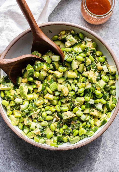 Cucumber Avocado Salad Tahini Chicken, Sesame Vinaigrette, Recipe Runner, Prep Salad, Cucumber Salads, Coconut Lime Chicken, Cucumber Avocado Salad, Edamame Salad, Healthy Vegetarian Dinner