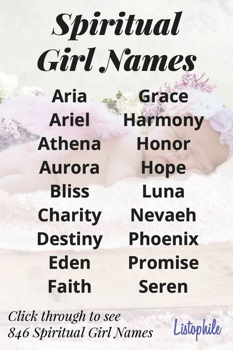 846 Spiritual Girl Names, featuring modern metaphysical names. These spiritual baby names for girls are heavenly and enlightened. Click through to see more Spiritual Girl Names. Spiritual Names And Meanings, Female Names That Mean Moon, Names That Mean Angel, Unique Names For Girls With Meaning Moon, Heaven Name, Earth Names Girl, Flower Names For Girls, Religious Names, Spiritual Names