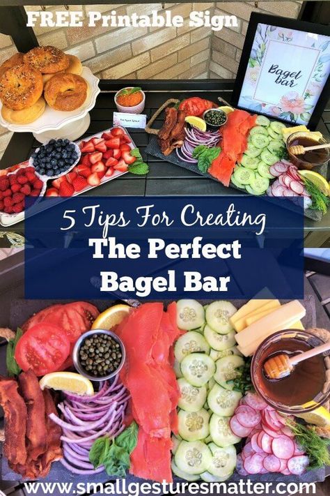 DIY Bagel Bar is perfect for your next brunch. Topping ideas,flavored cream cheese recipes, and FREE Printable Signs #diybagelbar #freebagelbarsign Bagel Bar Toppings, Build Your Own Bagel Bar, Bagel Buffet Ideas, Bagel Bar Brunch Showers, Bagel Brunch Bar, Post Wedding Brunch Ideas, Bagel Display Brunch Ideas, Bagel Bars, Bagel Bar Party