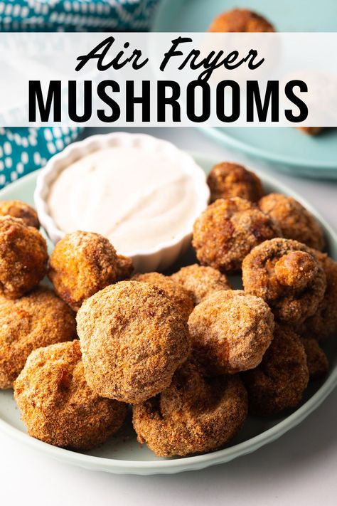 Learn how to make air fryer mushrooms and serve them with dipping sauces for the perfect party snack or side dish. Mushrooms In The Air Fryer, Air Fryer Recipes Mushrooms, Air Fryer Parmesan Mushrooms, Fried Mushroom Recipes Air Fryer, Air Fryer Nibbles, Battered Mushrooms In Air Fryer, Mushrooms Air Fryer Recipes, Air Fryer Fried Mushrooms Recipe, Air Fryer Portabella Mushrooms