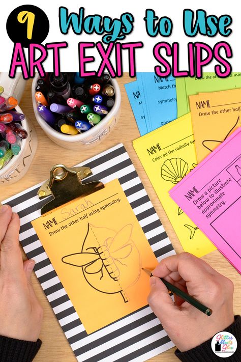 an art exit ticket on a clipboard with other exit slips in the background Art Exit Slips, Art Assessment Elementary, Art Exit Tickets, Art Class Management, First Day Of Art Class Elementary, Middle School Art Lessons, Middle School Art Teacher, Art Classroom Posters, Readers Theatre