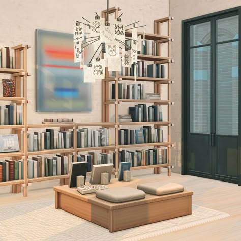 Sims 4 Cc Felixandre, Library Cc Sims 4, Sims 4 Books Cc, Felixandre Sims 4, Sims 4 Library, Sims4 Build, Sims Decor, Coastal Windows, Open Shutters