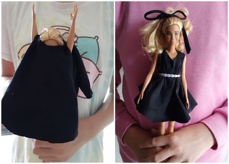 Barbie Shirt Diy, Diy No Sew Barbie Clothes, Hand Sewn Barbie Clothes, Hand Sew Barbie Clothes, Diy Barbie Clothes Easy No Sew, Easy Barbie Dress Pattern, How To Make Barbie Doll Clothes, No Sew Barbie Clothes Easy, Diy No Sew Dress