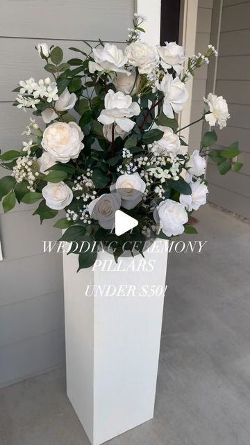 THE REVEAL DIY Wedding Ceremony Pillars! Topped with a DIY floral arrangement too ✨  The two pillars cost us less than $50. Can you bel... | Instagram Diy Wedding Altar Decorations, Wedding Column Flowers, Alter Diy Wedding, Wedding Alter Pedestal, Diy Alter Flower Arrangements, Diy Pillars Columns Decor, Diy Free Standing Floral Arrangement, Diy Wedding Flower Stand, Diy Wooden Pedestal Stand