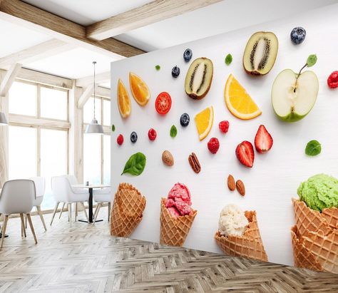 Juice Bar Interior, Juice Bar Design, Orange Ice Cream, Ice Cream Wallpaper, Ice Shop, Aj Wallpaper, Fruit Ice Cream, Ice Cream Design, 3d Wall Murals