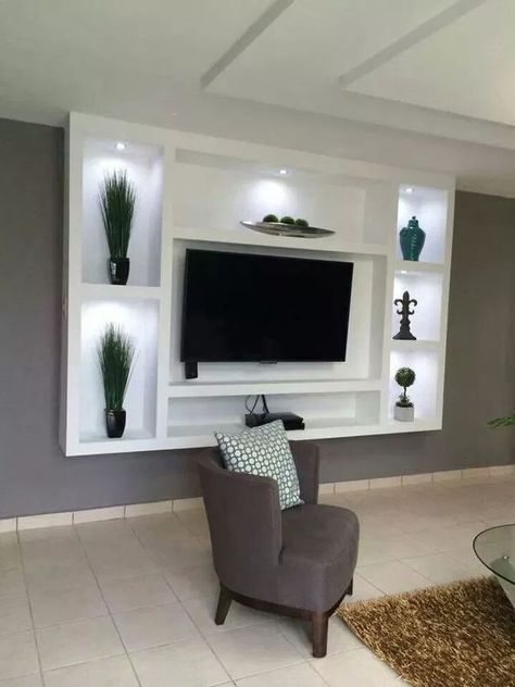 Tablaroca Para Diseño De Interiores Y Muebles 2019 - 2020 062 Tv Wall Cabinets, Living Room Wall Units, Tv Stand Decor, Living Room Tv Unit Designs, Living Room Tv Unit, Tv Room Design, Flat Screen Tv, Tv Wall Decor, Tv Wall Design