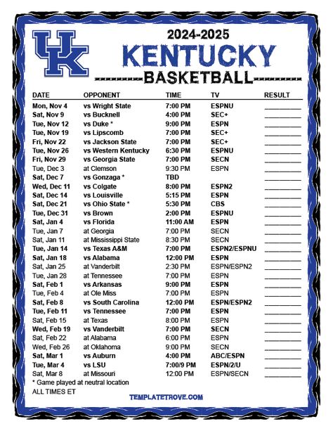 Printable 2024-2025 Kentucky Wildcats Basketball Schedule Uk Basketball Kentucky Wildcats, Kentucky Wildcats Basketball, Basketball Schedule, Wildcats Basketball, Uk Basketball, Vanderbilt Commodores, Jackson State, Kentucky Basketball, Mississippi State Bulldogs