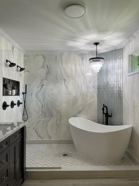 Freestanding Tub Master Bath, Dual Shower Heads Small Bathroom, Glam Bathroom Remodel, Small Master Bath Renovation, Guest Bathroom With Walk In Shower Ideas, Open Shower With Bathtub, Bathroom Ideas Tub And Shower Combo, Tile Wet Room, Bathroom Renovations 2023