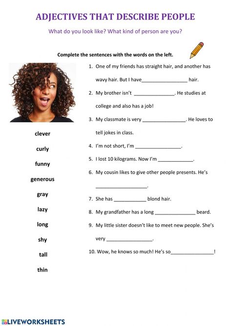 Describing appearance - Interactive worksheet Describing Appearance, Appearance Worksheet, Personality Adjectives, Describing People, English Adjectives, Adjective Worksheet, Esl Teaching Resources, Skin Natural Remedies, Esl Lessons